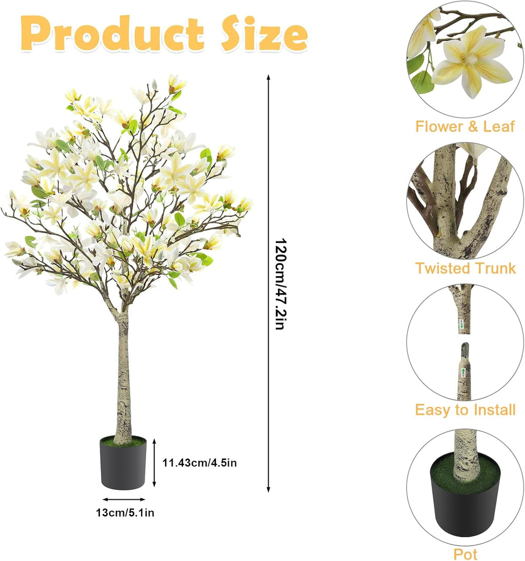 4FT Faux Magnolia Tree in Black Pot, White Artificial Plant for Home, Room