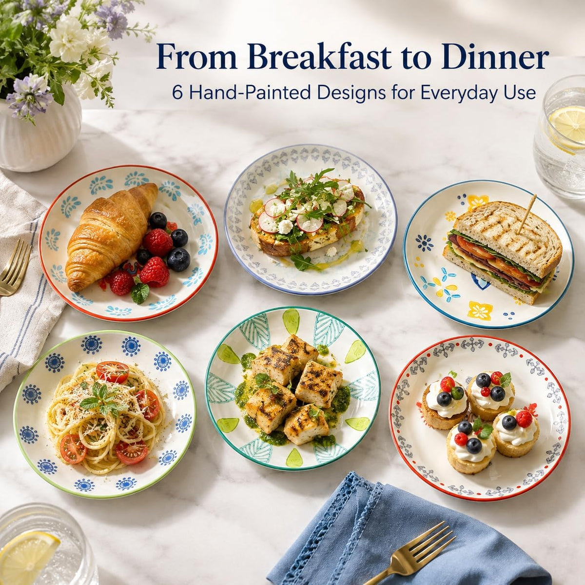 UniqueLife CINAIMPRESSION Hand Painted Ceramic Plates Set of 6, 6 Inch Mixed Design Dessert Plates