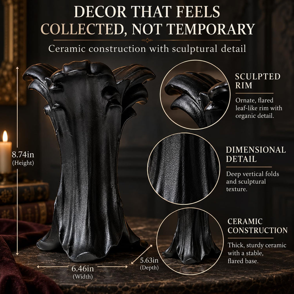 Gothic Ceramic Vase, Matte Black Flower Vase for Dark Academia Decor