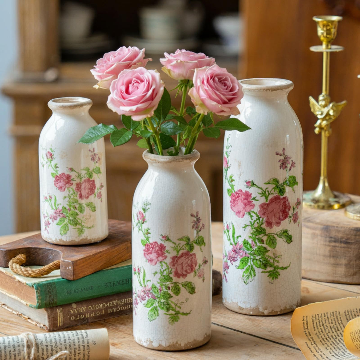 Teweiqi Vintage Vase Set of 3, Ceramic Flower Vases Chinoiserie Decor, Rustic Farmhouse Vases Retro Decorative Vases, for Home Living Room Kitchen Table Mantle Shelf Decor - Green and White