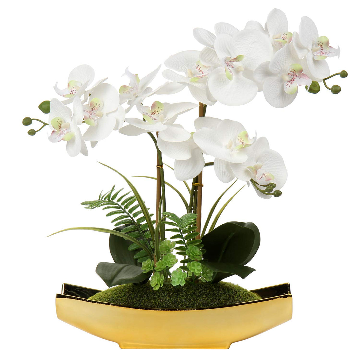 Briful 15" White Faux Orchid Arrangement in Silver Boat Pot Table Decor