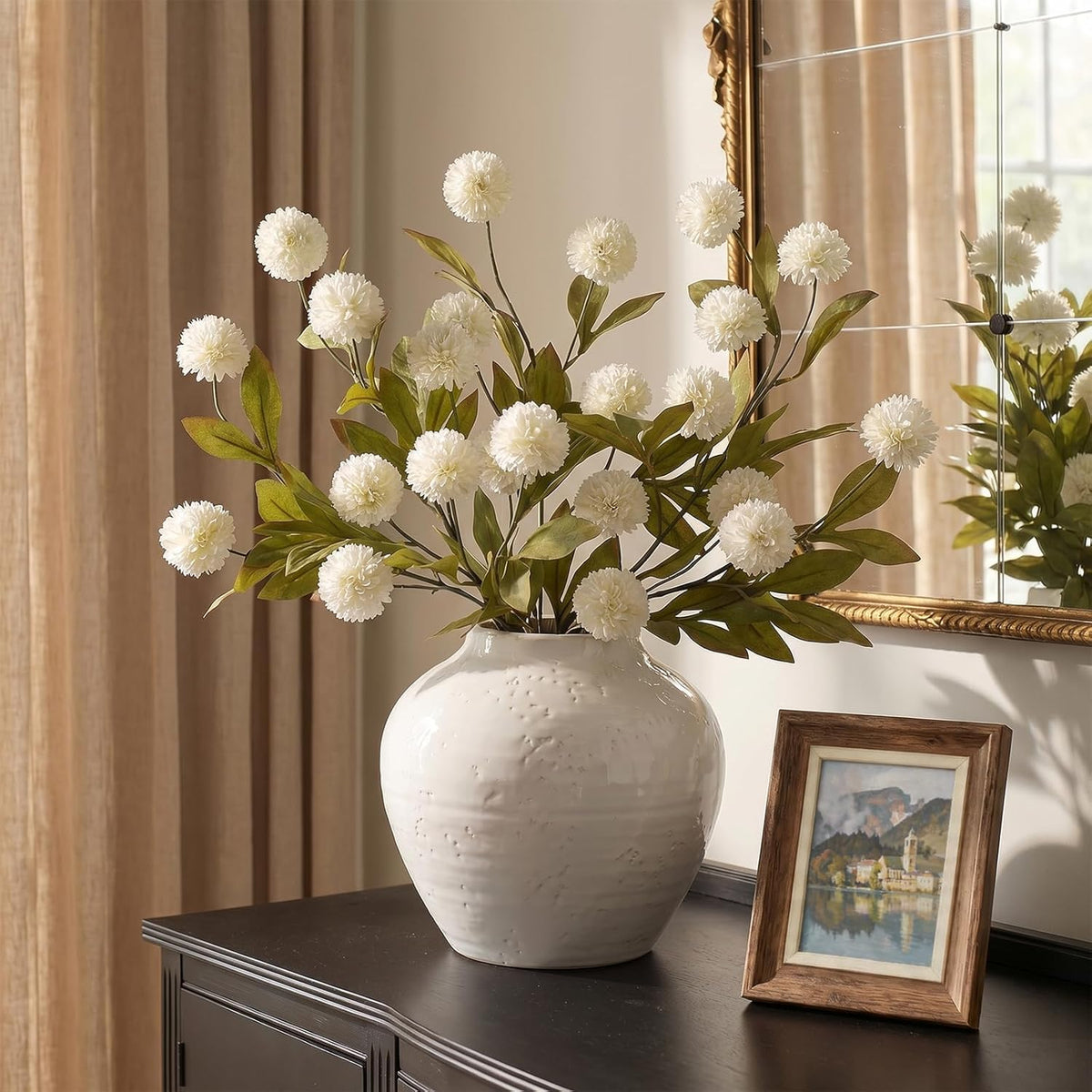 6Pcs 27"Artificial Pompon Mum Stems Silk Flowers for Vase Decor(Cream)