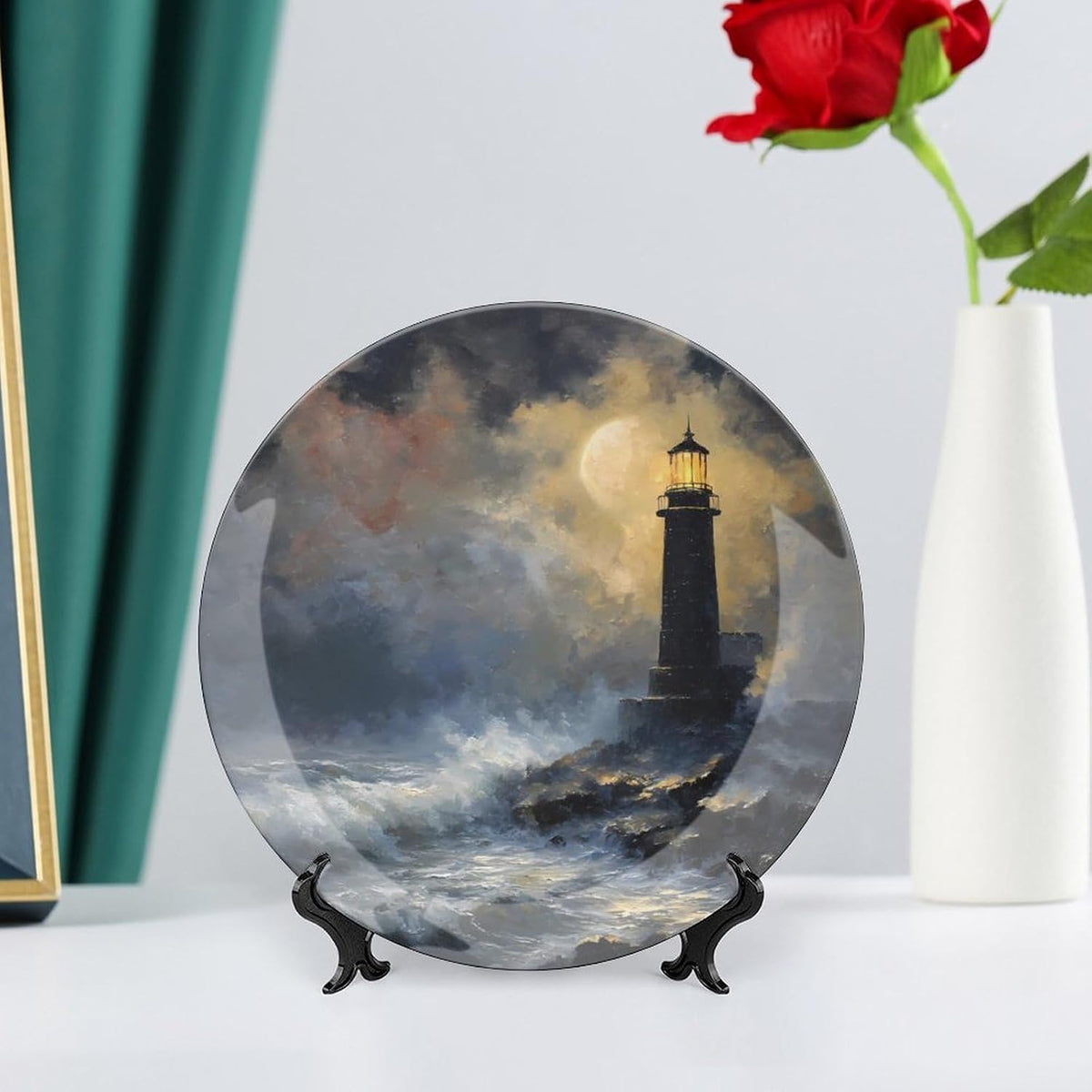 Night Lighthouse Waves Moon Modern Bone China Decorative Plates with Display Stand Ceramic Crafts