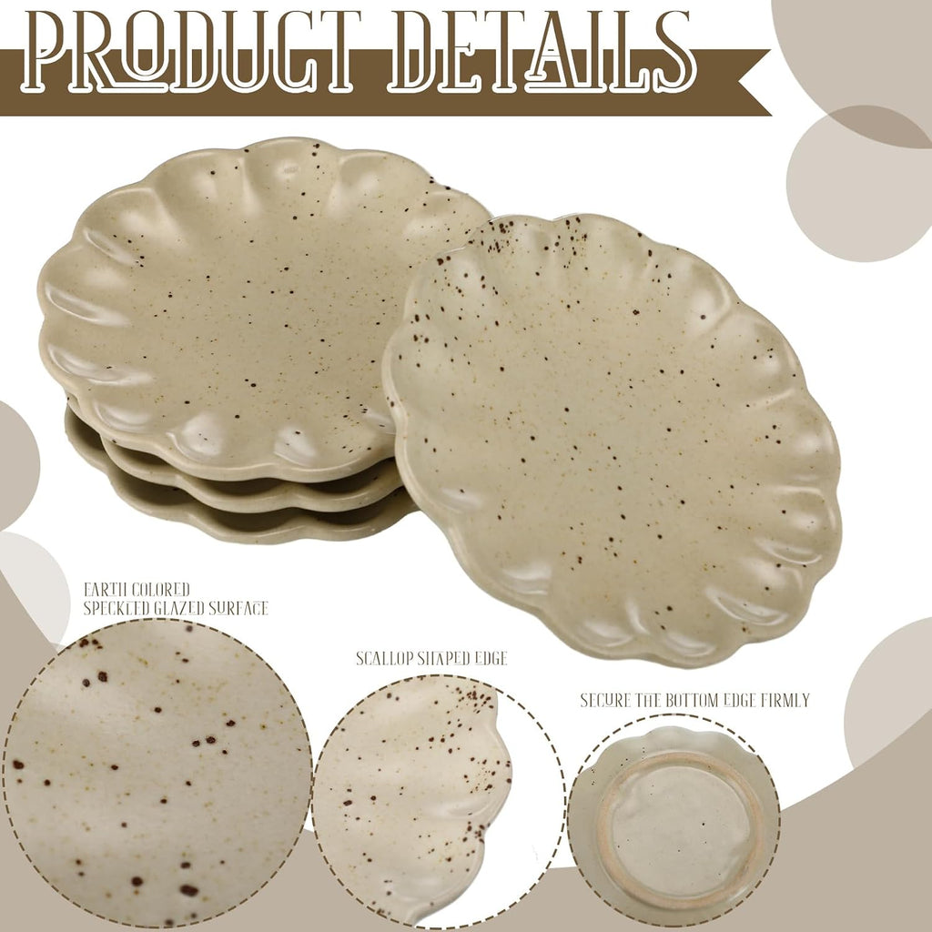 4 Pcs Ceramic Cup Coasters, Scalloped 4.5" Speckled