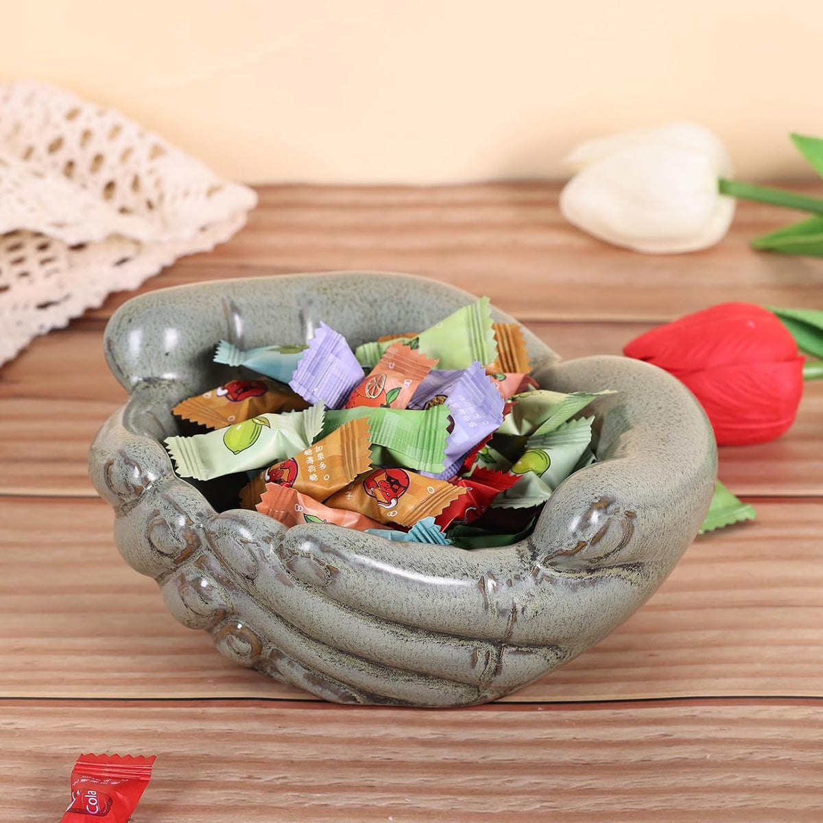 orenm Ceramic Hands Bowl Dish Sculpture, Offering Hands Dish Candy Holder,for Succulent Planter, Crystal Rock Holder, Office, Keys Bowl for Entryway Table（Green ）