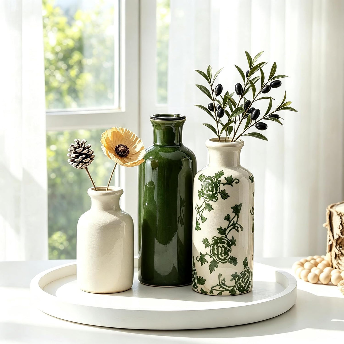 Ceramic Vintage Vase Set of 3, Green and White Crackle Glaze, Chinoiserie Floral Decor for Farmhouse Shelf, Table Centerpiece, Mantel, Living Room & Office