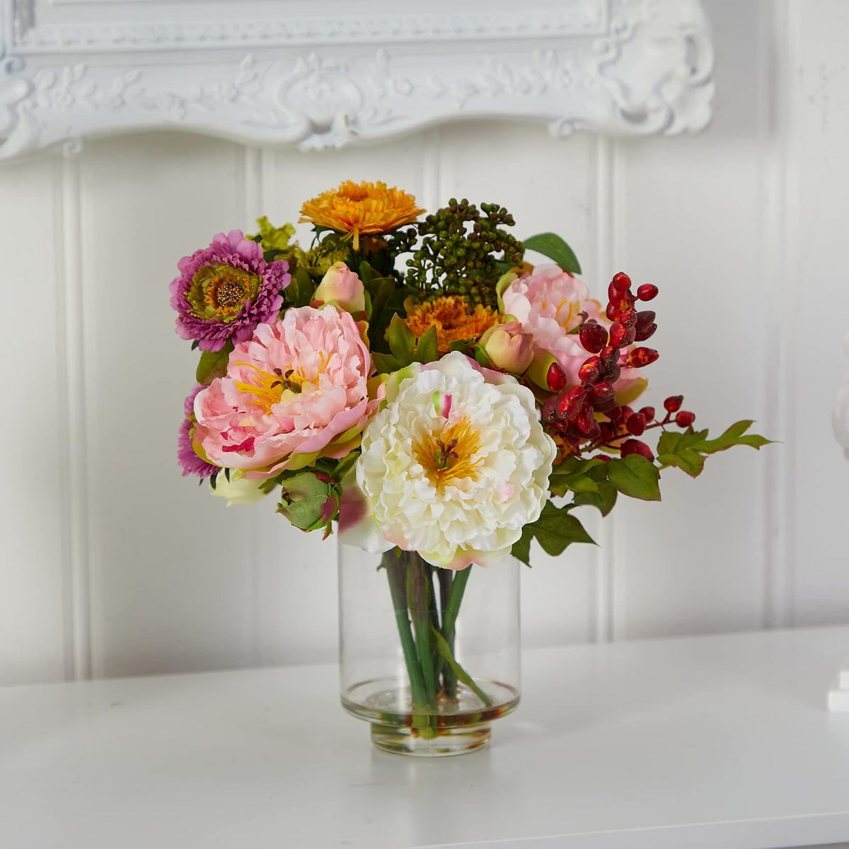 Nearly Natural 10 in Artificial Peony Arrangement in Glass Vase