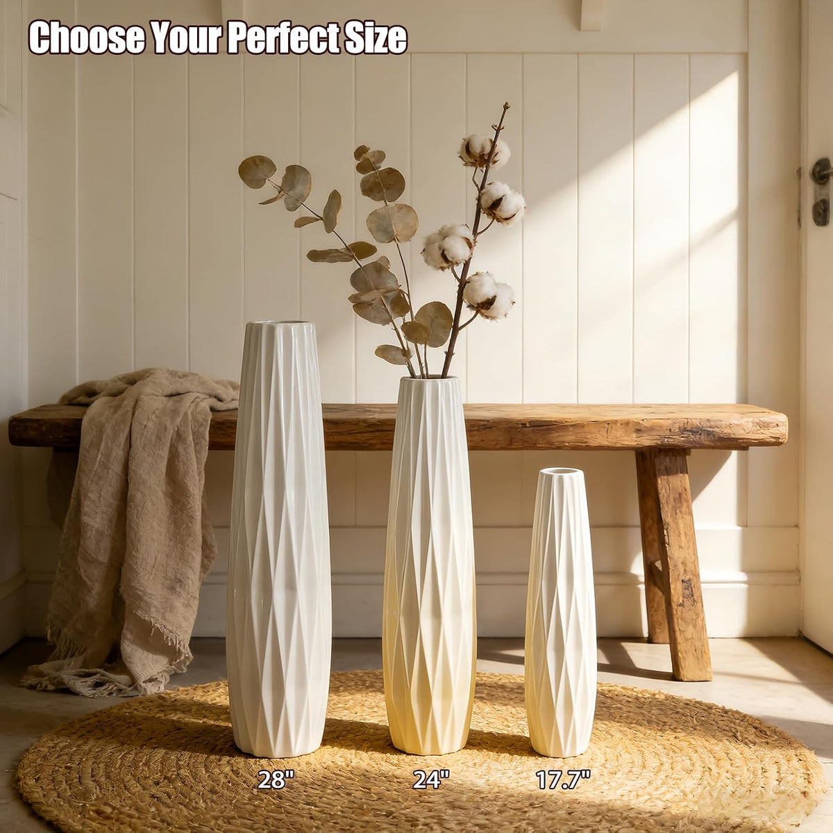Large White Ceramic Vase, 17.7" Tall Floor Vase for Pampas Grass