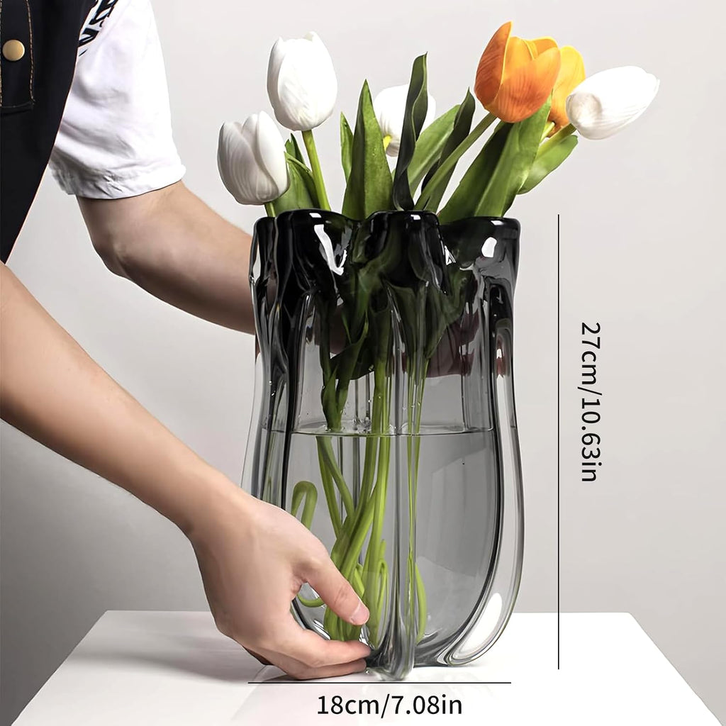 Modern Advanced Grey Black Glass Vase for Flowers, Hand Blown Art Glass Glass vase,Room Decoration and Centerpiece