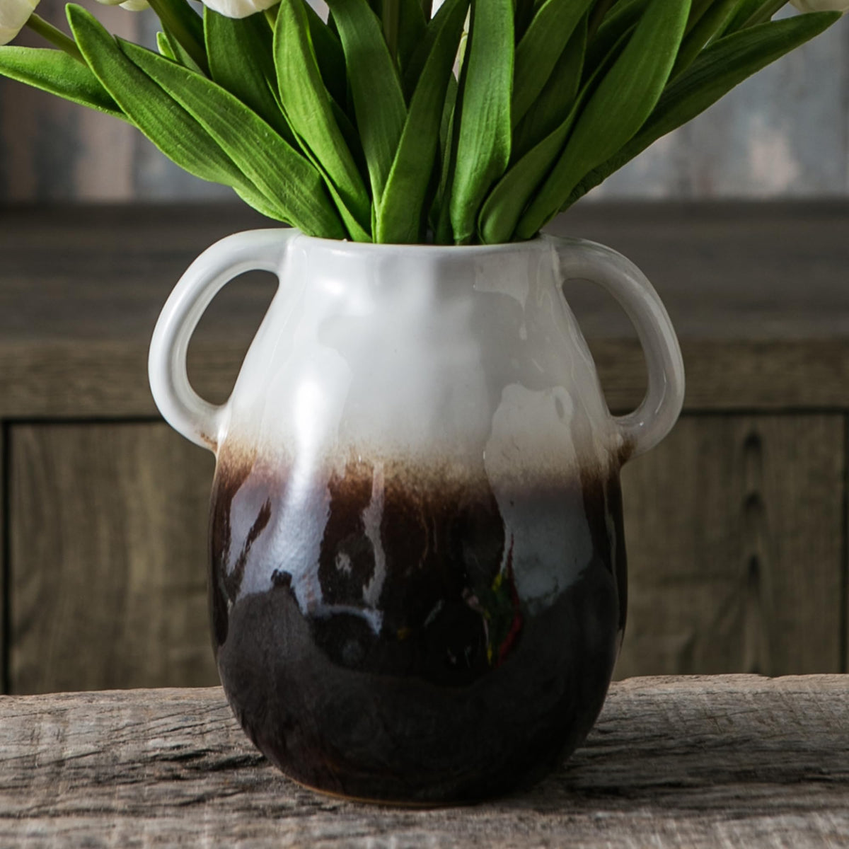 Tanvecle Brown Ceramic Vase with Handles, 7" Modern Farmhouse Decor