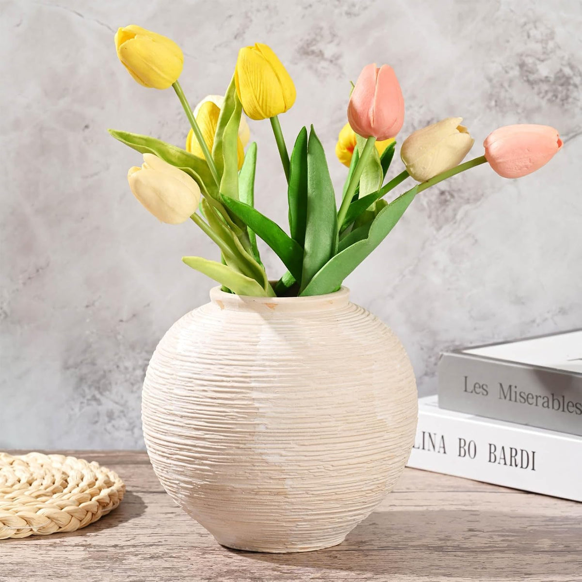 Rustic Ceramic Vintage Farmhouse Vase for Decor (Small Ribbed Whitewash)