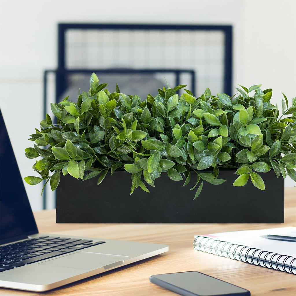 Winlyn 14" Artificial Boxwood Plant Greenery Arrangement Faux Boxwood in Black Rectangular Wooden Planter Potted Herb Plant for Farmhouse Home Decor Wedding Windowsill Mantel Shelf Table Centerpiece