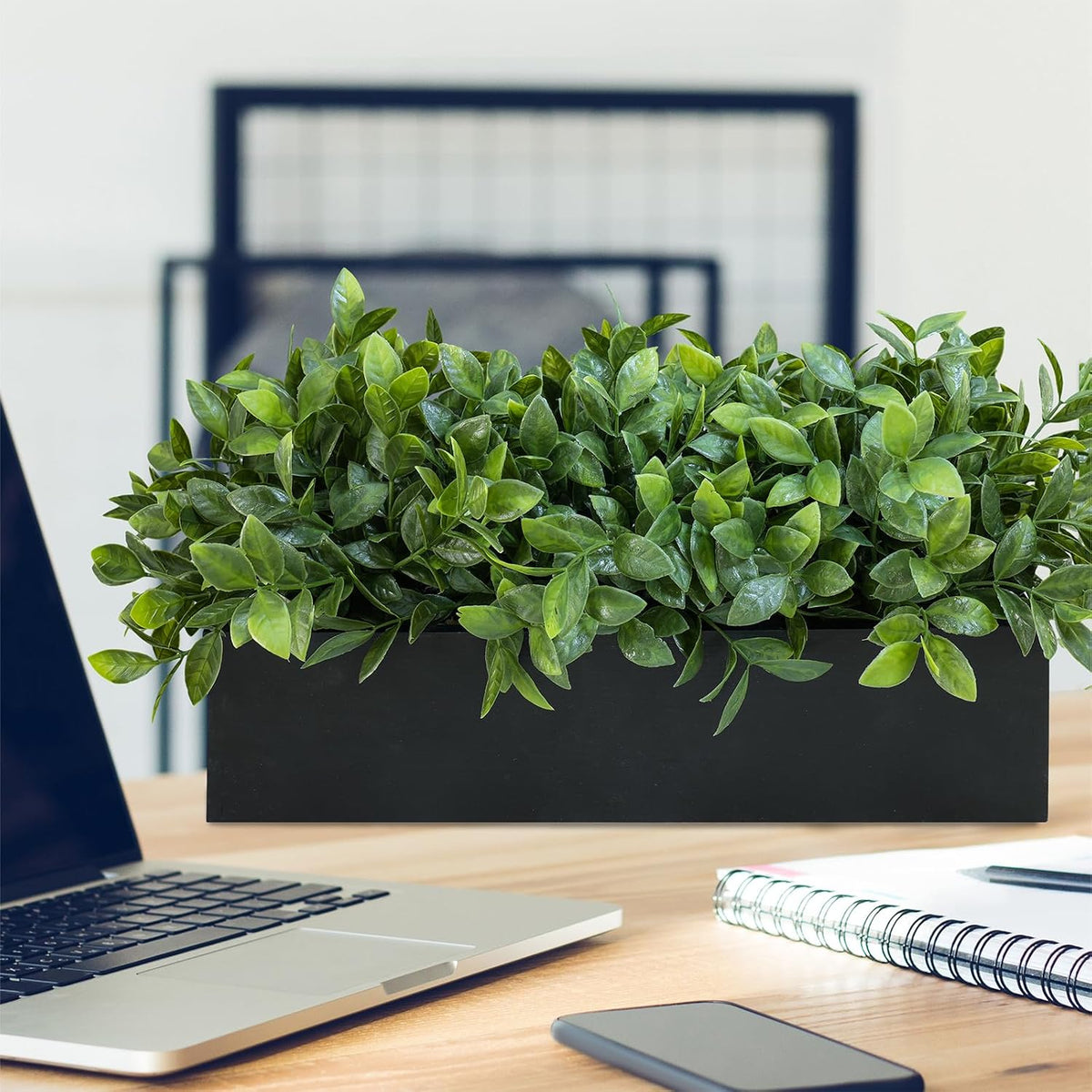 Winlyn 14" Artificial Boxwood Plant Greenery Arrangement Faux Boxwood in Black Rectangular Wooden Planter Potted Herb Plant for Farmhouse Home Decor Wedding Windowsill Mantel Shelf Table Centerpiece