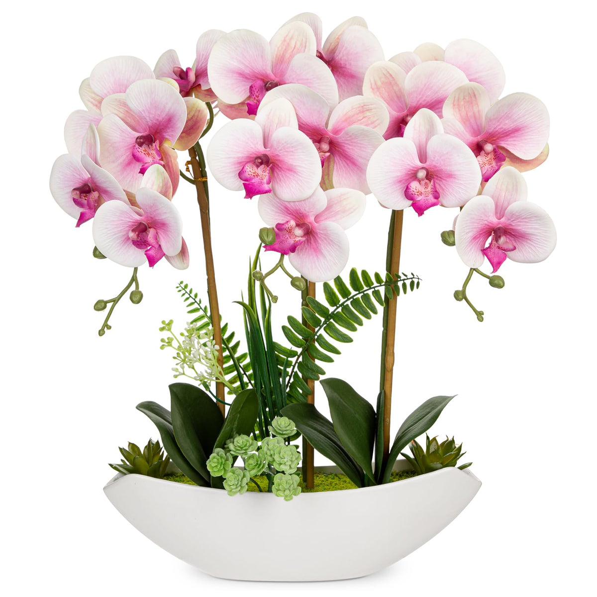 Briful Orchid Artificial Flowers 18in White Fake Orchid Silk Flowers with Ceramic Pot Faux Orchid Arrangement for Home Office Room Coffee Table Centerpiece Modern Decoration