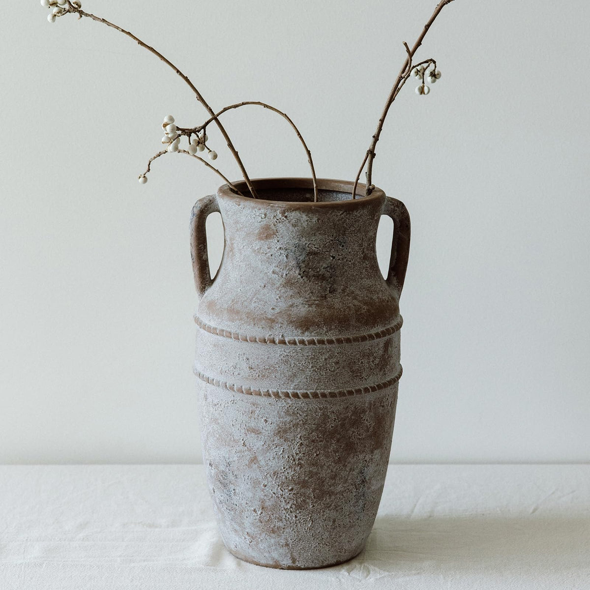 9" Vintage Ceramic Vase with Handles, Rustic Farmhouse Home Decor