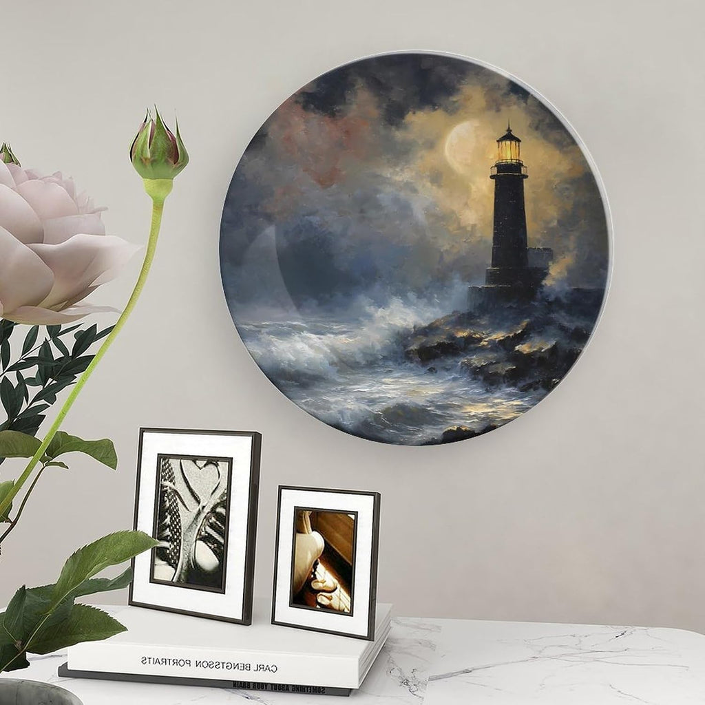 Night Lighthouse Waves Moon Modern Bone China Decorative Plates with Display Stand Ceramic Crafts