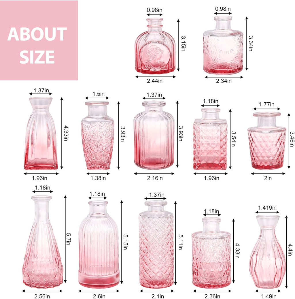 CUCUMI 12pcs Bud Vases for Centerpieces, Pink Glass Vase Set