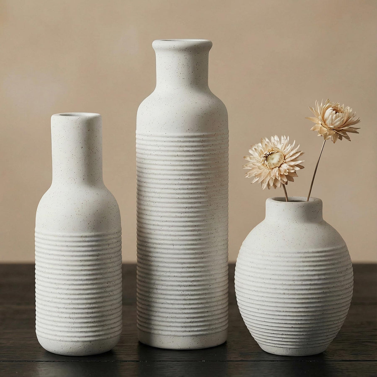 Rustic Farmhouse Vase Set of 3 - Ceramic Decorative Vases Home Decor - Pampas Grass Dried Fresh Flowers - for Centerpiece, Table, Mantel Entryway, Kitchen, Bedroom (White2)