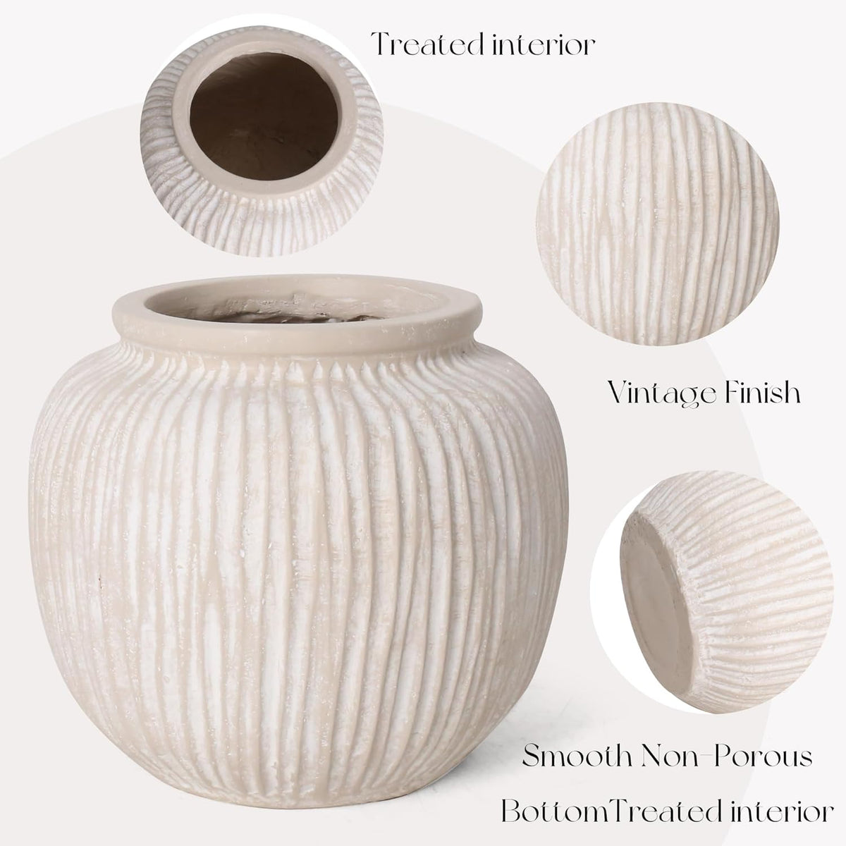 Oakrain Large Rustic Decorative Vase, 9" Distressed White Round Floor Vase