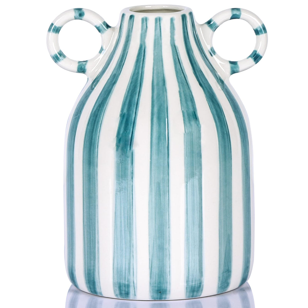 Blue and White Ceramic Vase with Handle, Nordic Boho Small Vases Side Table Flower Centerpiece, Wide Mouth Single Flower Vase Pampas Grass Decorative - for Home Window Sill Living Dining Room Kitchen
