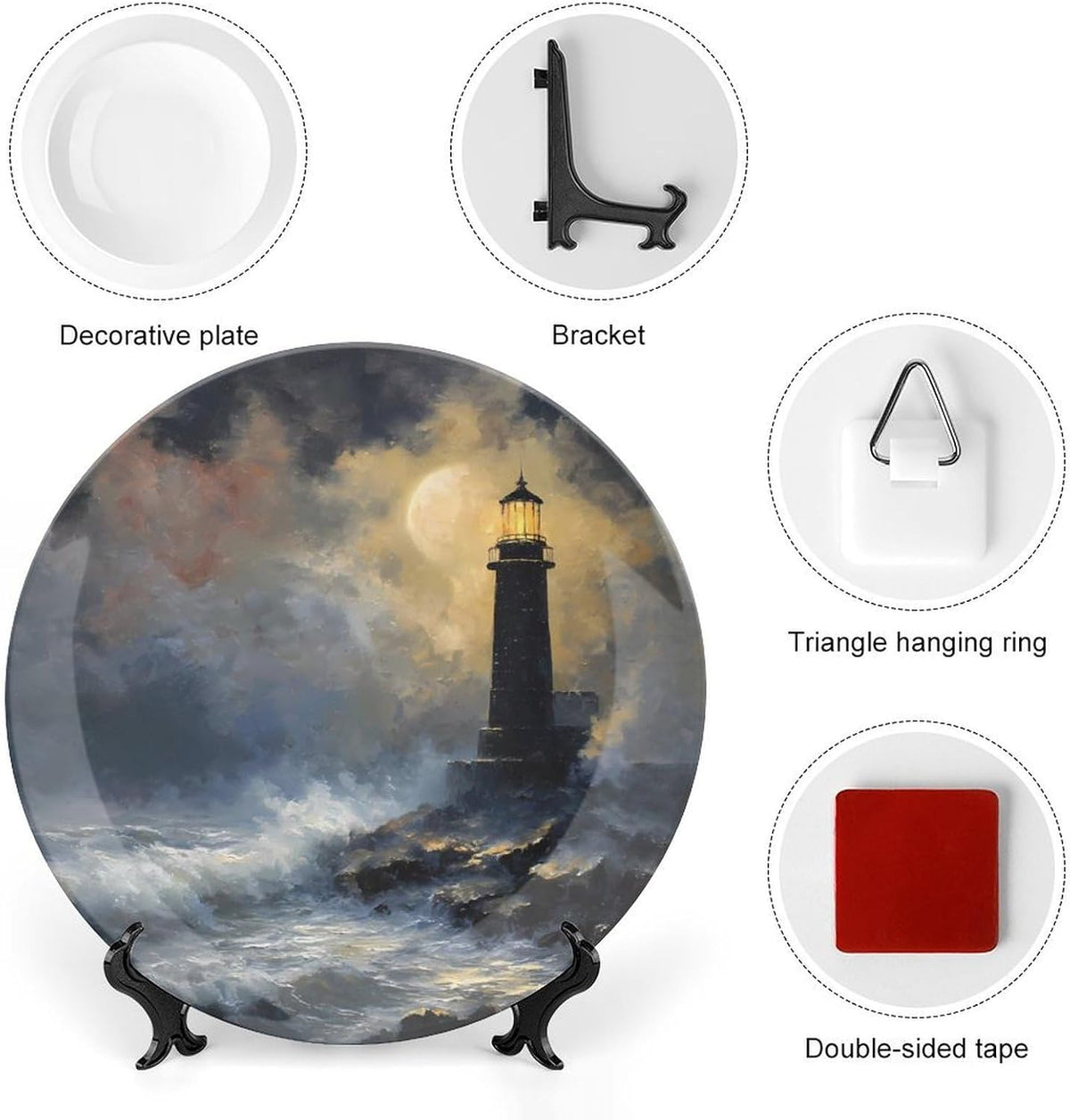 Night Lighthouse Waves Moon Modern Bone China Decorative Plates with Display Stand Ceramic Crafts