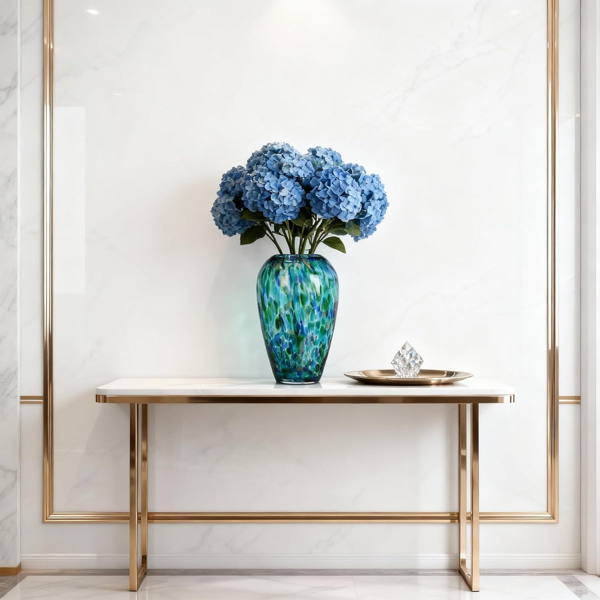 9" Tall Teal Vase Hand Blown Glass Vase, Unique Turquoise Glass Vases Modern Home Centerpieces, Wide Mouth Flower Vases for Bouquet, Living Room, Kitchen, Wedding, Dining Table Center