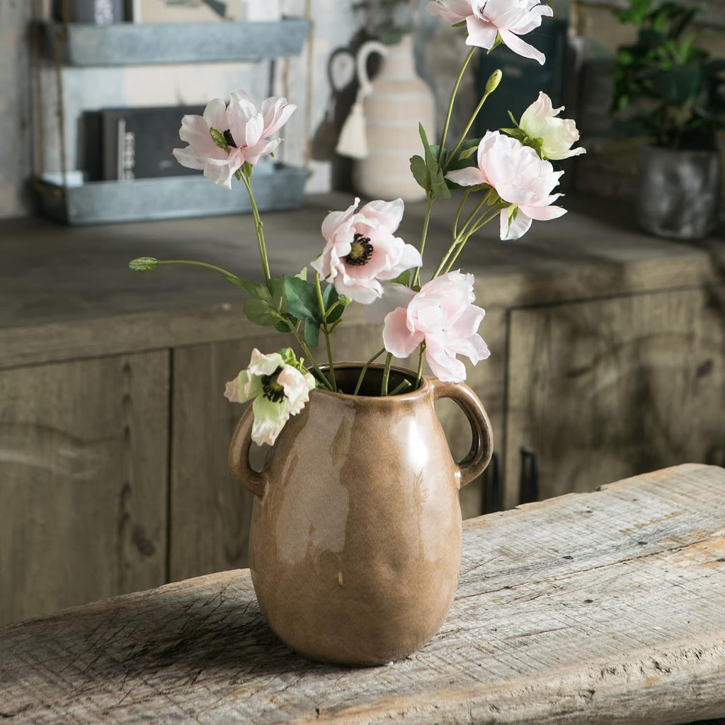 Tanvecle Brown Ceramic Vase with Handles, 7" Modern Farmhouse Decor