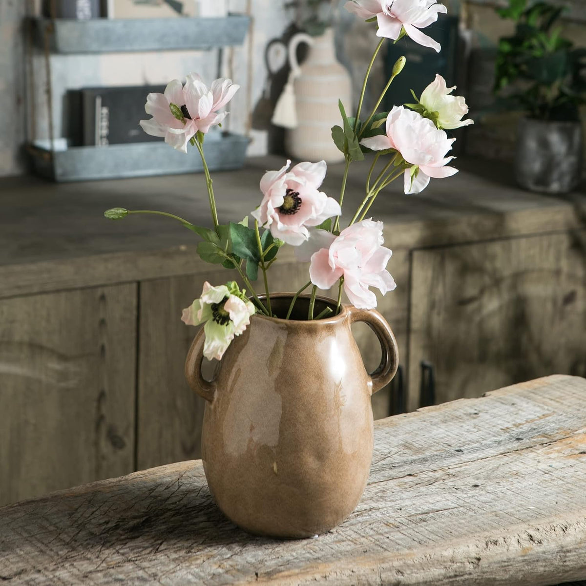 Tanvecle Brown Ceramic Vase with Handles, 7" Modern Farmhouse Decor