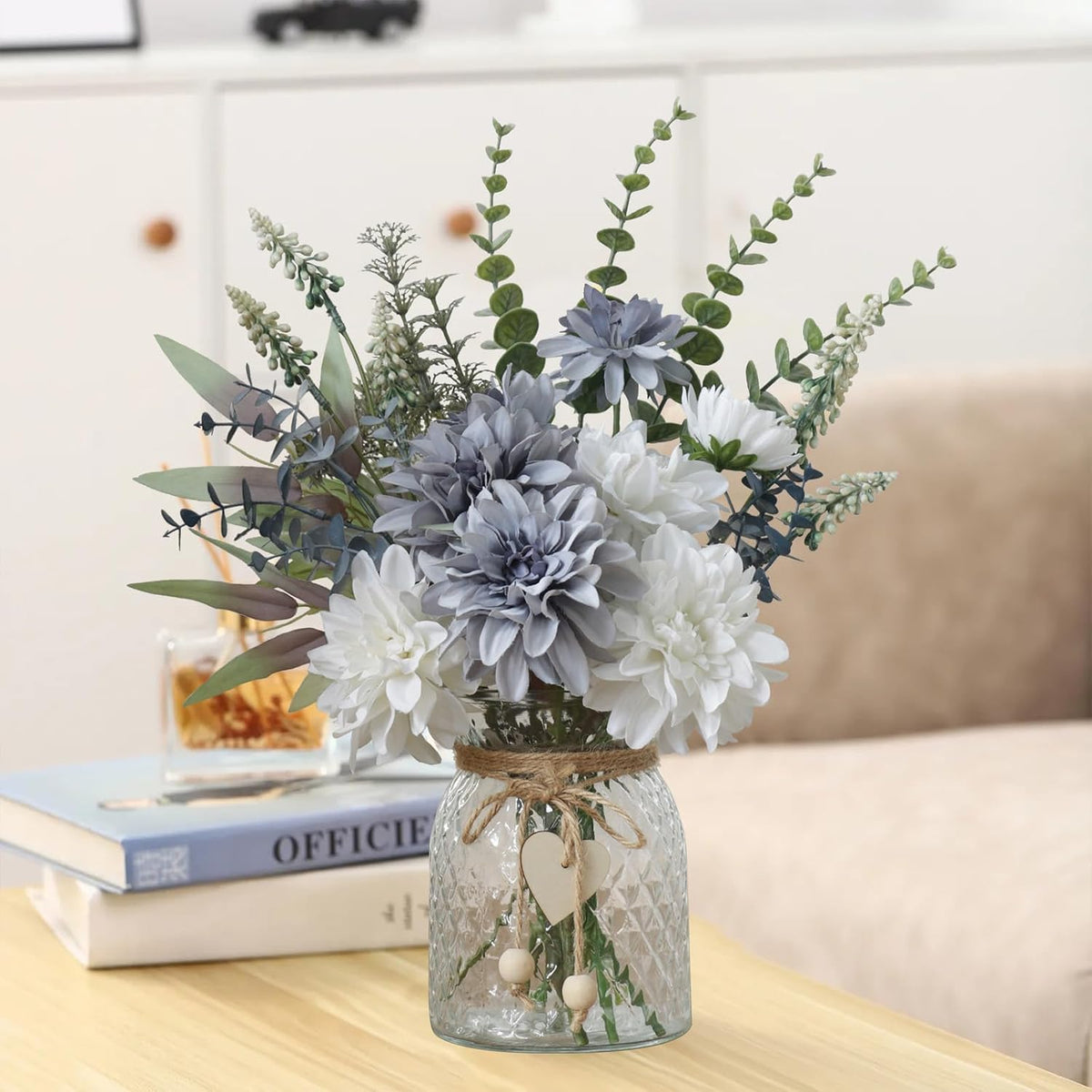 Leftover Fake Flowers with Vase,Silk Dahlia Flowers,Artificial Flowers in Vase,Centerpiece Table Decorations,Flower Centerpieces for Tables,Kitchen Table Decor,Coffee Table Decor