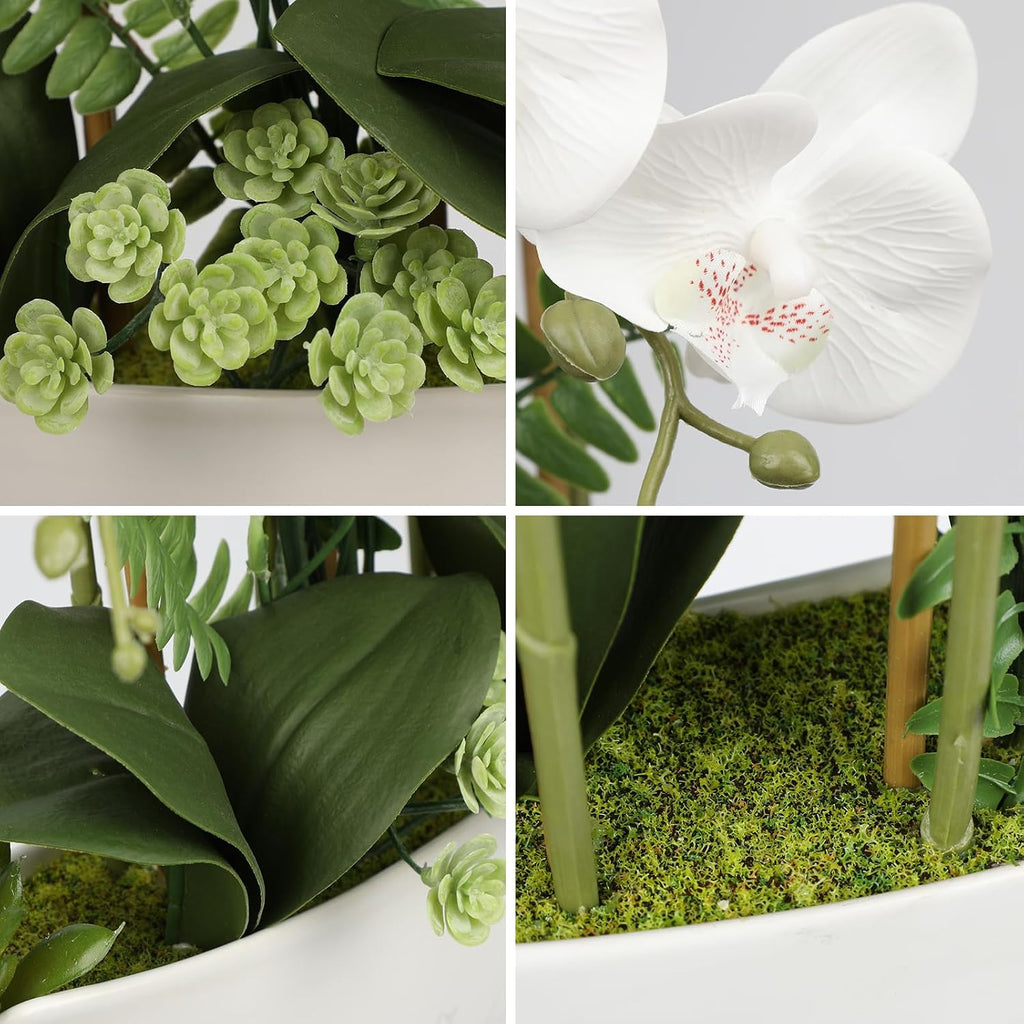 Briful Orchid Artificial Flowers 18in White Fake Orchid Silk Flowers with Ceramic Pot Faux Orchid Arrangement for Home Office Room Coffee Table Centerpiece Modern Decoration