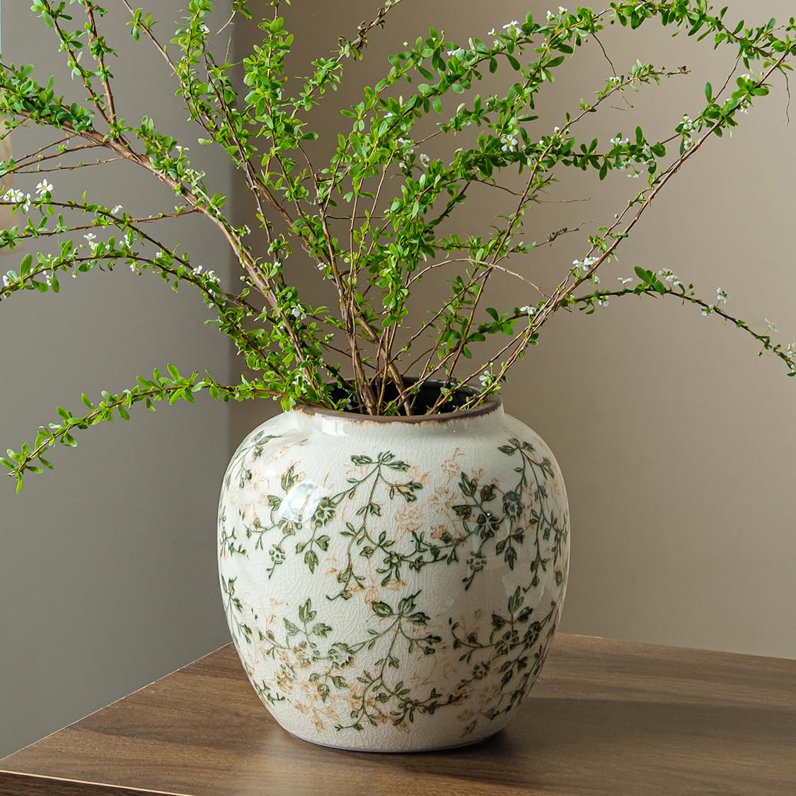 Ceramic Flower Vase for Home Decor, Vintage Green Decorative Vase 6.7 Inch