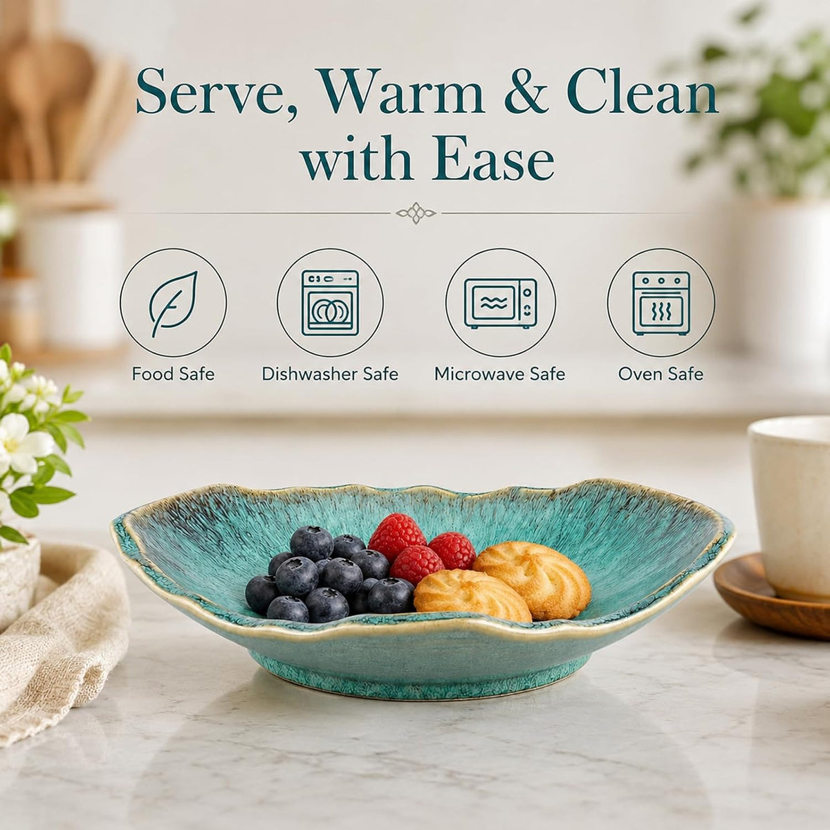 Green Ceramic Decorative Bowl – 12 In Fruit Bowl, Candy Dish, Key Bowl for Entryway Table, Trinket Dish, Ring Dish, Jewelry Tray, Porcelain Catchall for Kitchen, Bedside, Living Room Home Decor