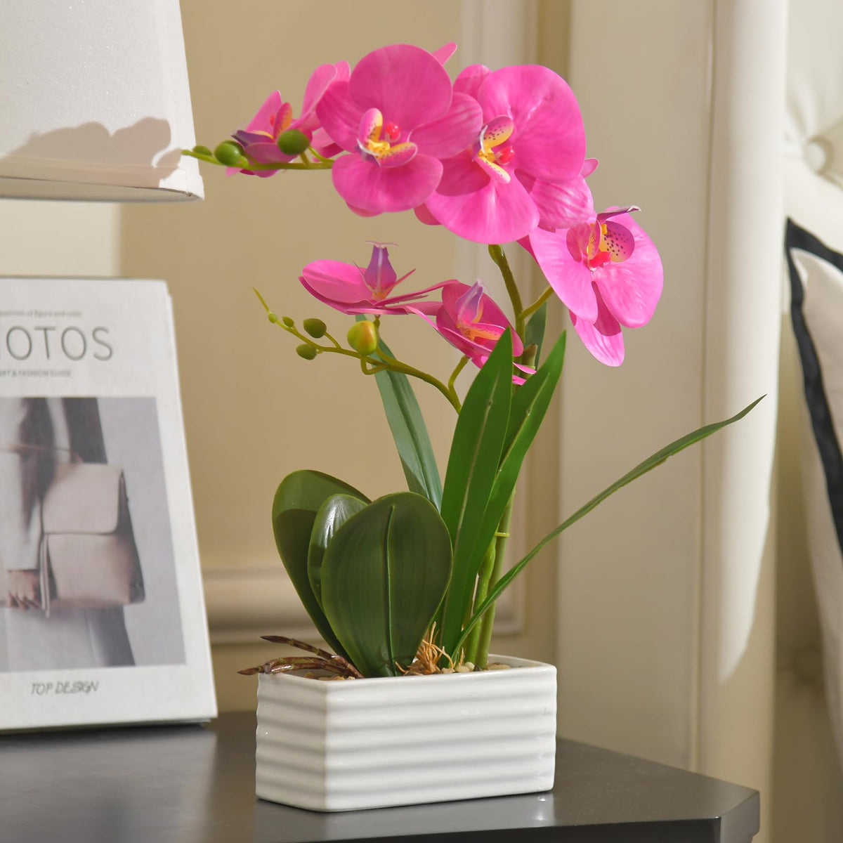 Artificial Real Touch Orchid Flowers with White Ceramic Vase, Orange