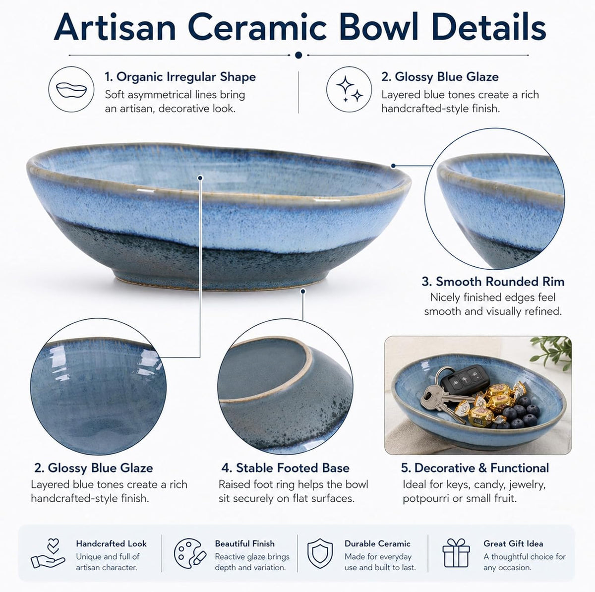 orenm 7.9" Ceramic Decorative Bowl,Glazed Bowls,Accent Dish,Irregular Rim Candy Plate,Berry Bowl, Catch All Bowl Key Dish for Entryway Table Shelf Mantel