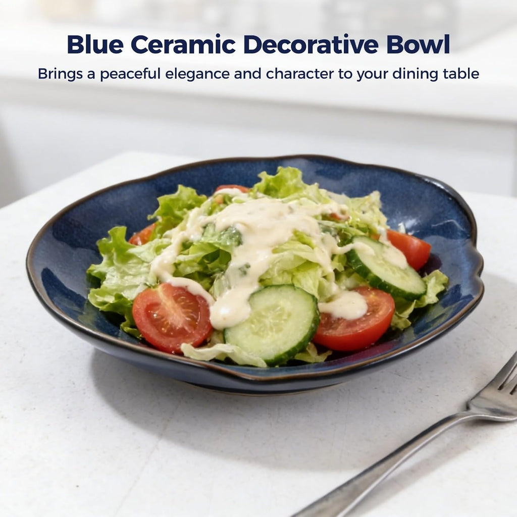 Blue Ceramic Decorative Bowl, Irregular Fruit Plate, Ocean Inspired Porcelain Serving Tray, Glaze Trinket Dish for Kitchen Counter, Entryway Table, Microwave & Dishwasher Safe
