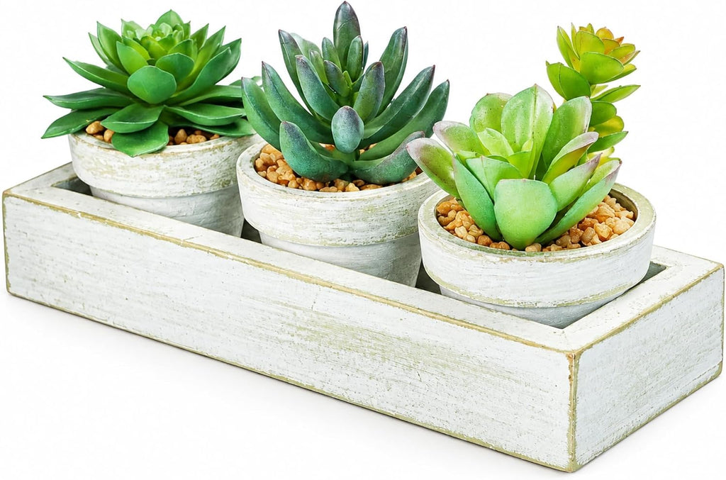 3 Pack Mini Artificial Succulent Plants with Wooden Tray