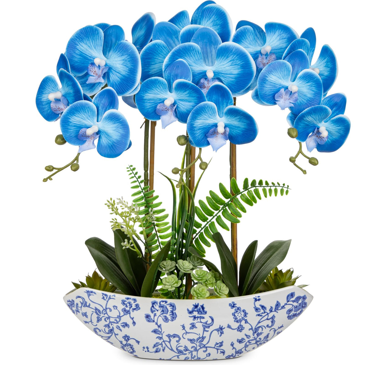 Briful Orchid Artificial Flowers 18in White Fake Orchid Silk Flowers with Ceramic Pot Faux Orchid Arrangement for Home Office Room Coffee Table Centerpiece Modern Decoration