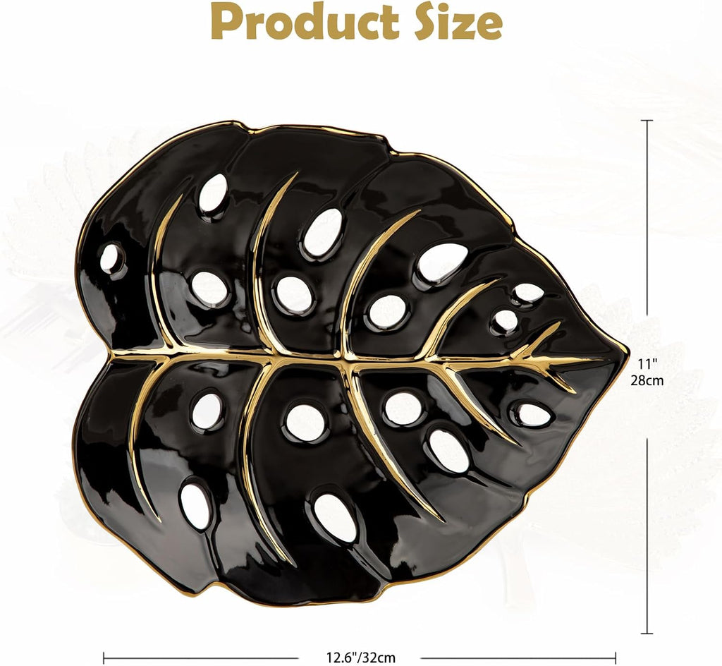 Ceramic Leaf Shaped Decorative Tray, Black Gold Monstera Leaf Plate 12.6"x11" for Jewelry, Keys, Snack, Candle Holder, Modern Table Centerpiece Home Decor