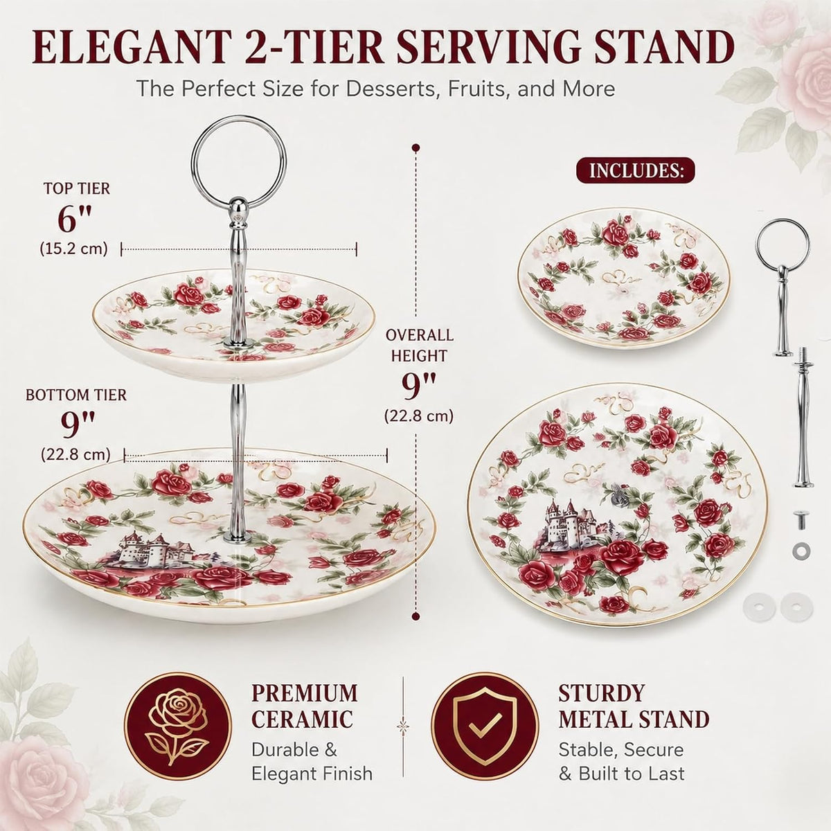 Rose Floral 2-Tier Serving Stand, Ceramic Cupcake & Dessert Tray
