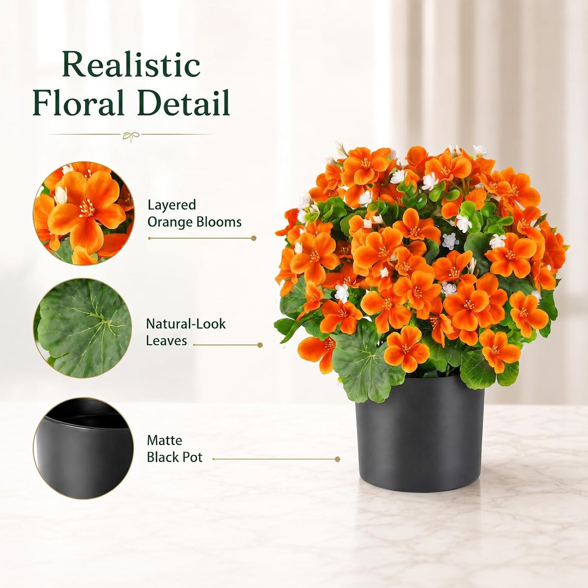 15'' Fake Plants Artificial Geranium Flower in Pot Fall Décor(Orange)