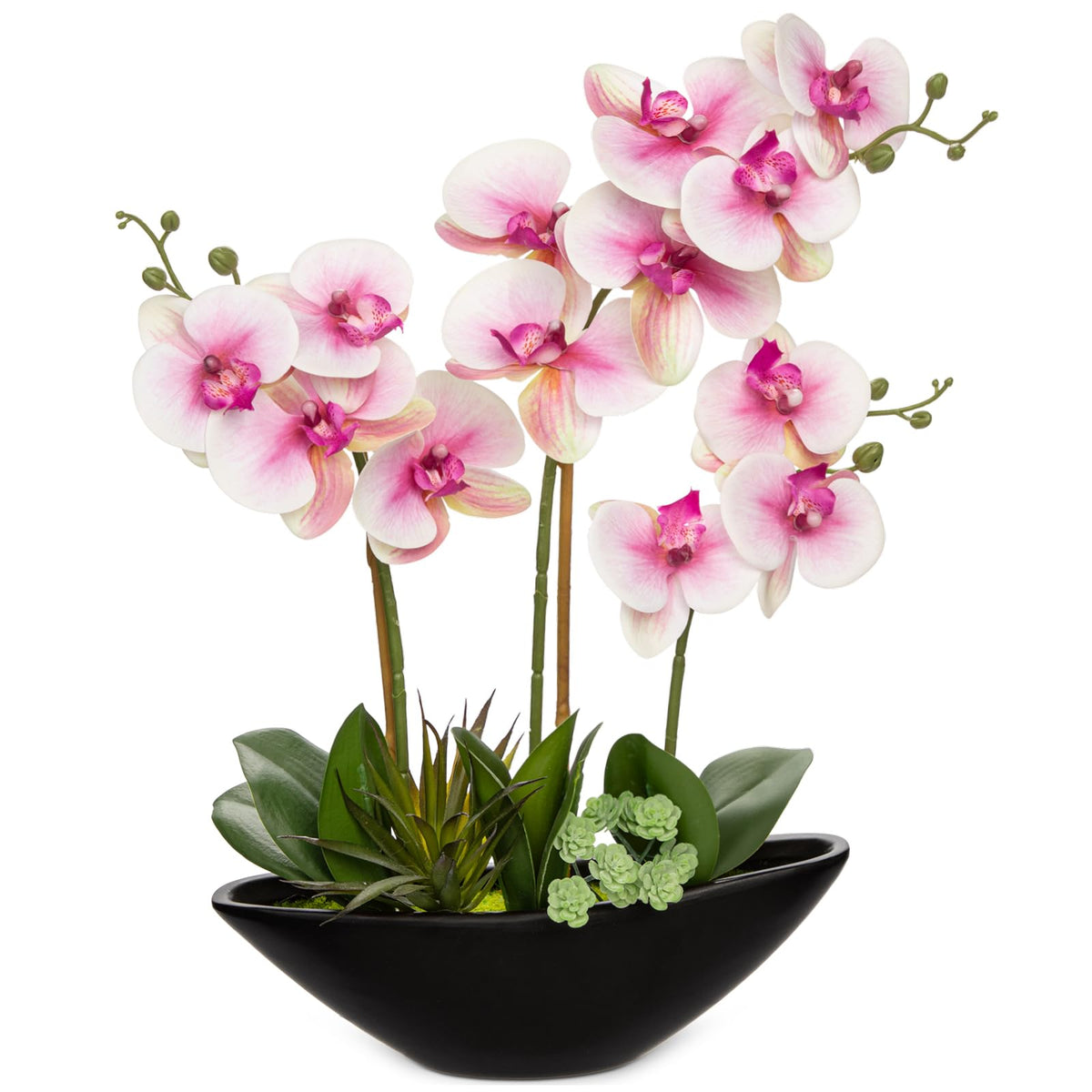 Briful Orchid Artificial Flowers 18in White Fake Orchid Silk Flowers with Ceramic Pot Faux Orchid Arrangement for Home Office Room Coffee Table Centerpiece Modern Decoration