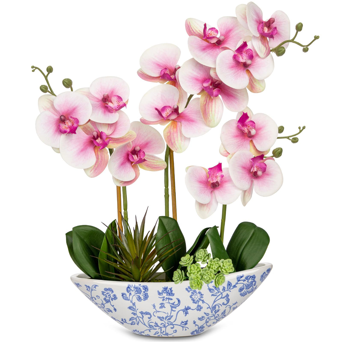Briful Orchid Artificial Flowers 18in White Fake Orchid Silk Flowers with Ceramic Pot Faux Orchid Arrangement for Home Office Room Coffee Table Centerpiece Modern Decoration