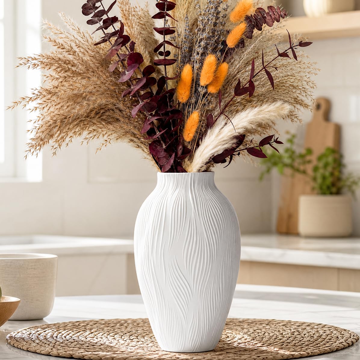 White Ceramic Vase for Flowers, 10 Inch Ruffled Vase for Home Decor Gift