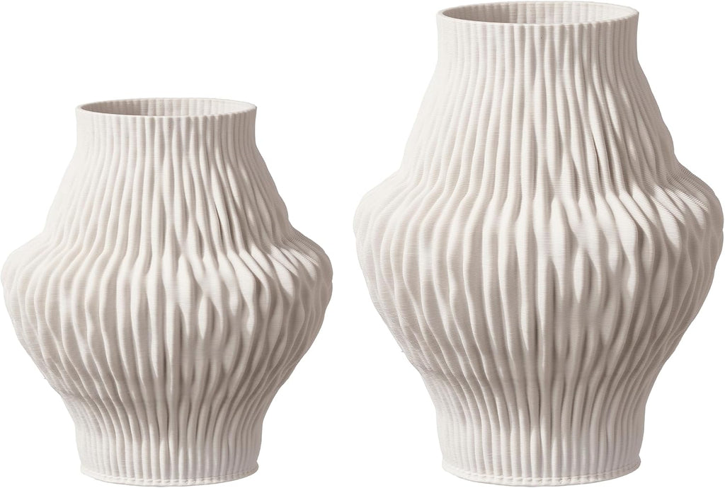 Set of 2 White Ceramic Vases, Ivory Pleated Sculptural Flower Vases