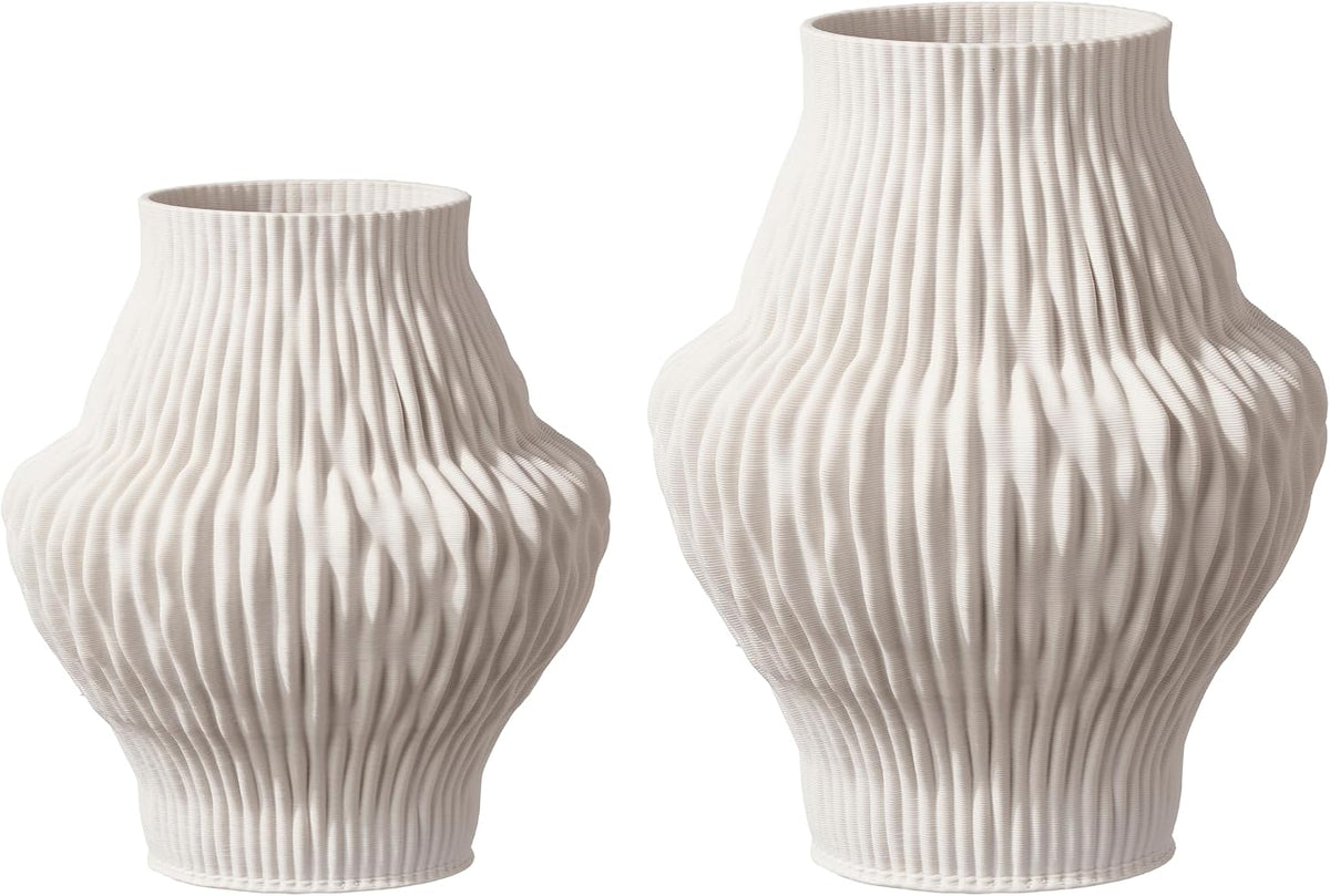 Set of 2 White Ceramic Vases, Ivory Pleated Sculptural Flower Vases