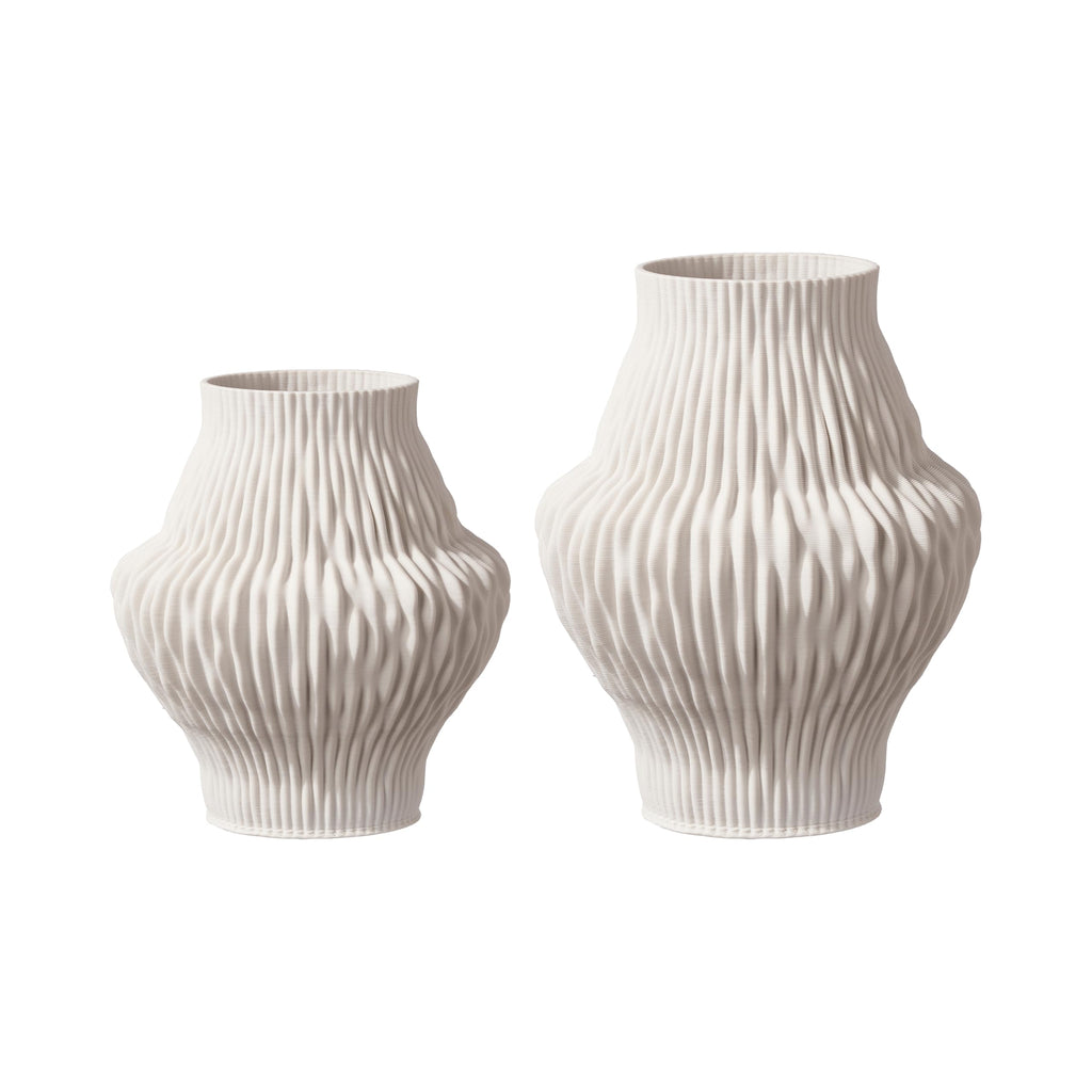 Set of 2 White Ceramic Vases, Ivory Pleated Sculptural Flower Vases