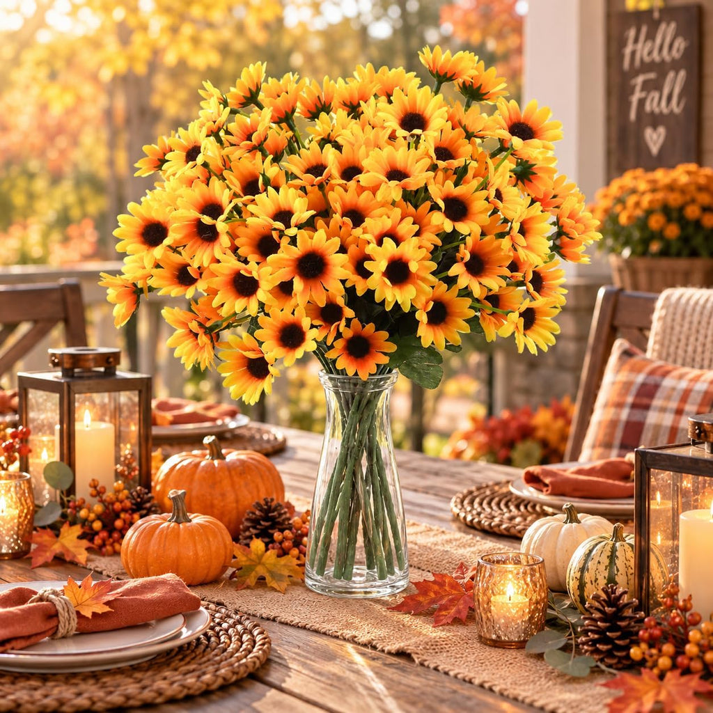 Uieke 6 Bundles Sunflowers Artificial Flowers Daisy Mums Fake Flowers Outdoor UV Resistant No Fade Fall Flowers 24 Stems Greenery Shrubs Indoor Outside Home Wedding Office DIY Garden Décor (Yellow)