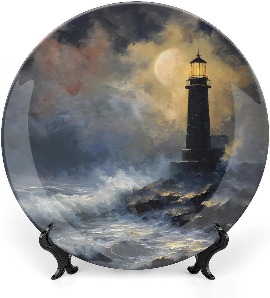 Night Lighthouse Waves Moon Modern Bone China Decorative Plates with Display Stand Ceramic Crafts