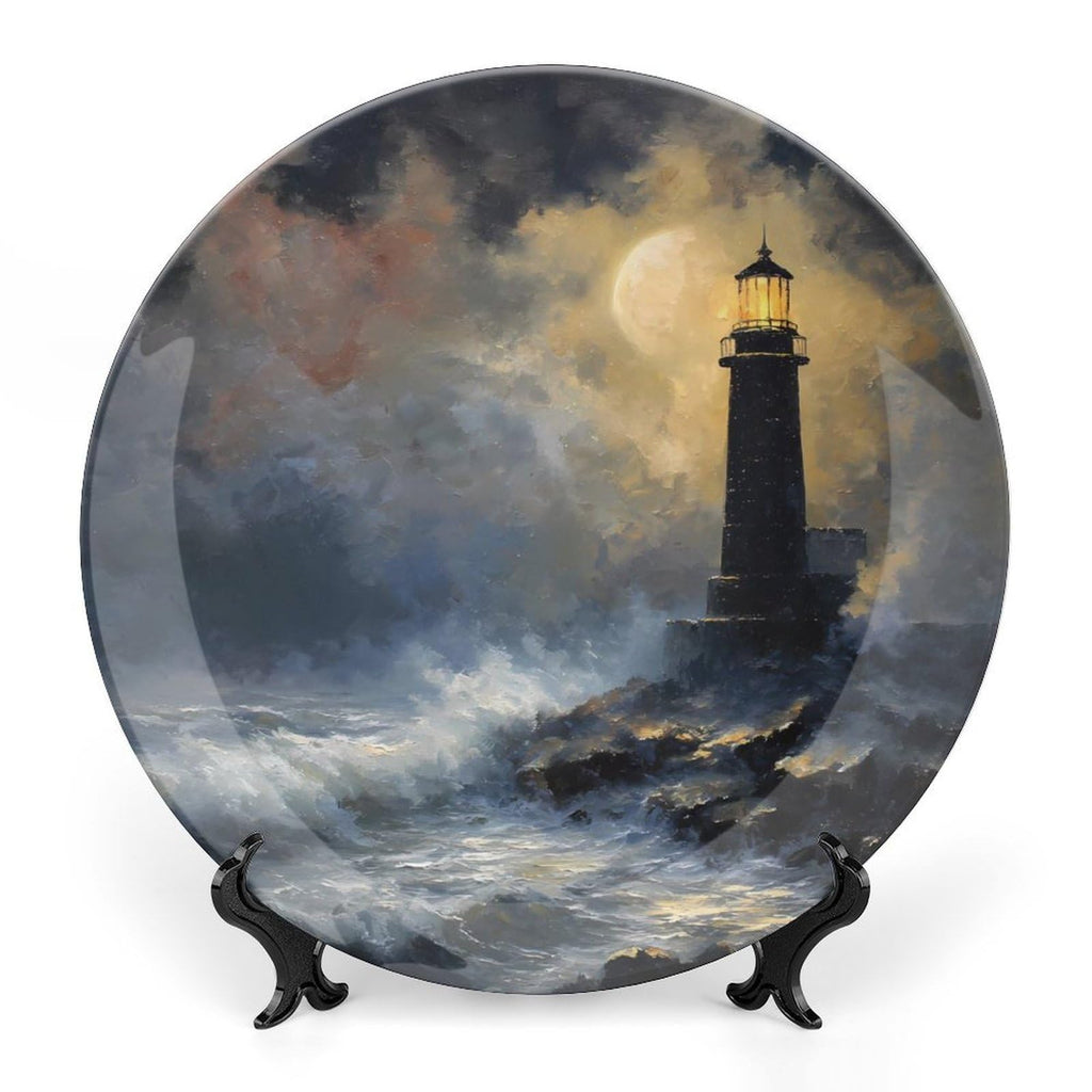 Night Lighthouse Waves Moon Modern Bone China Decorative Plates with Display Stand Ceramic Crafts