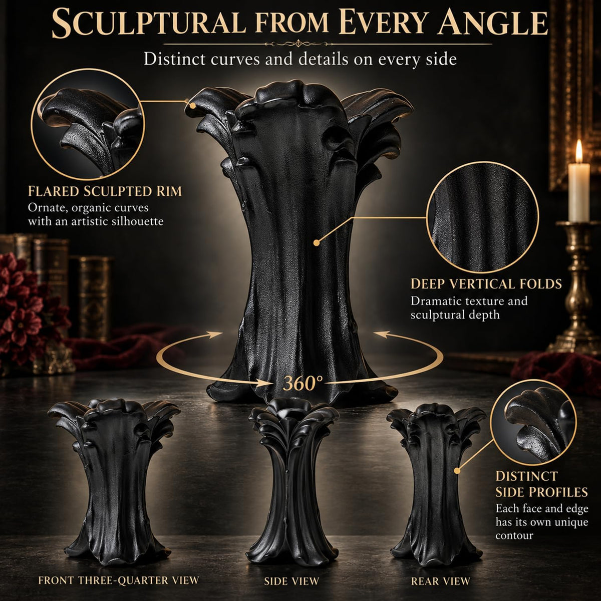 Gothic Ceramic Vase, Matte Black Flower Vase for Dark Academia Decor